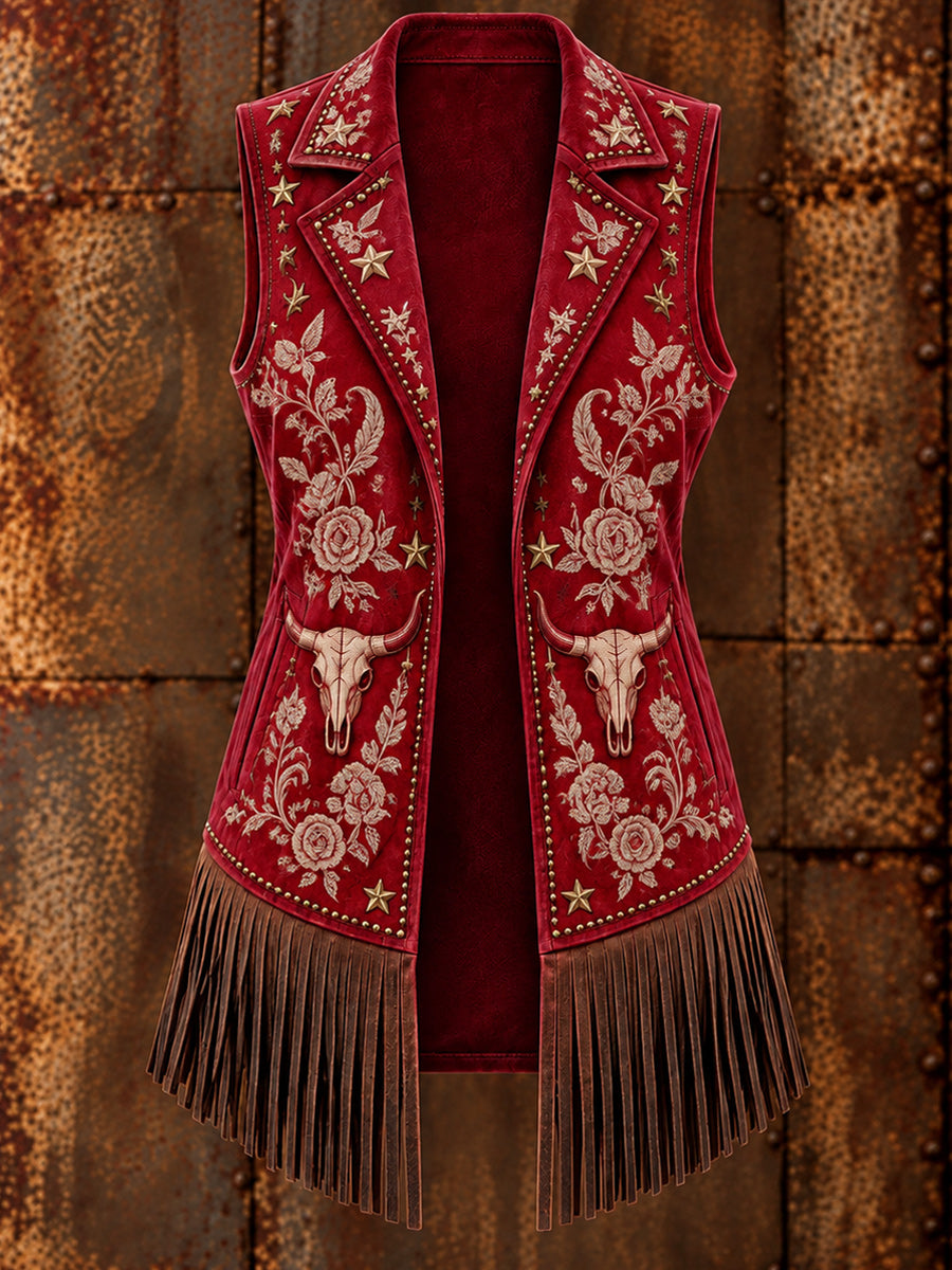 Women's Western Art Print Sleeveless Fringe Jacket